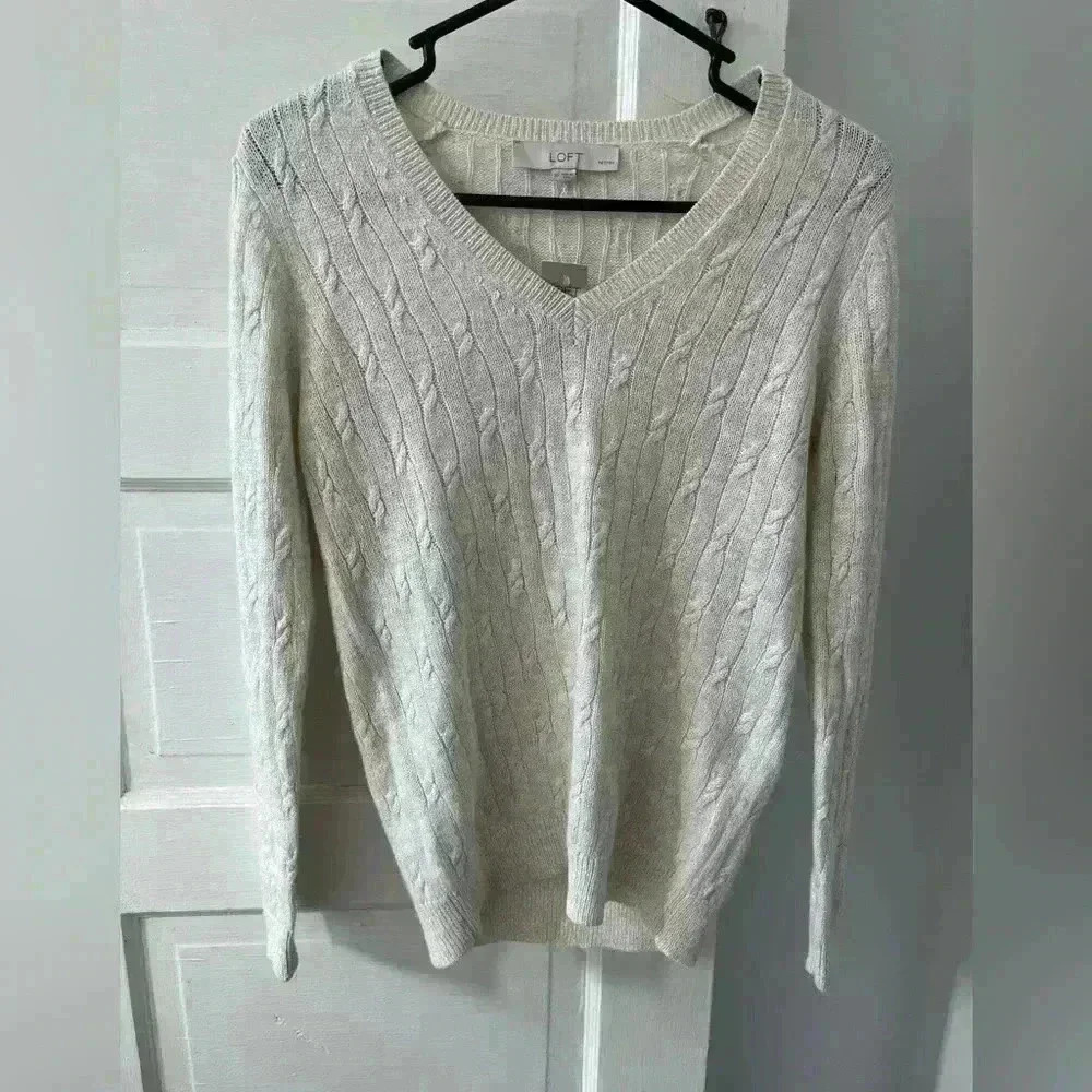 LOFT Cable Knit Sweater Womens SP Cream V-Neck‎ Metallic Shimmer Long Sleeve